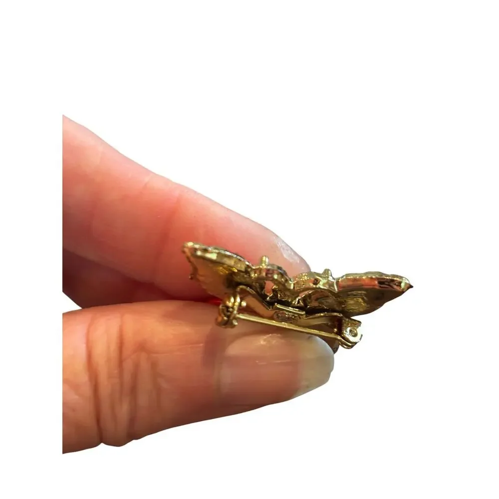 Vintage Red Enamel Butterfly Brooch Set Rhinestone Gold Tone Mother Daughter